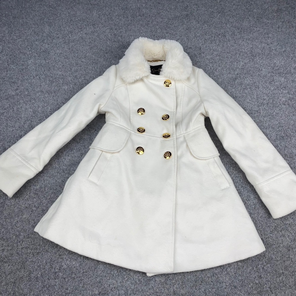 Jessica Simpson Wool Blend Coat Girls Size 7 White Faux Fur Collar Gold Buttons